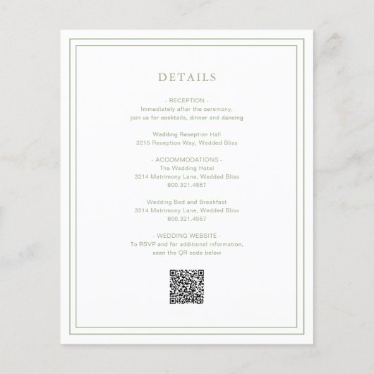 Papier Classic Sage Green Élégant Mariage Invitation (Dos)