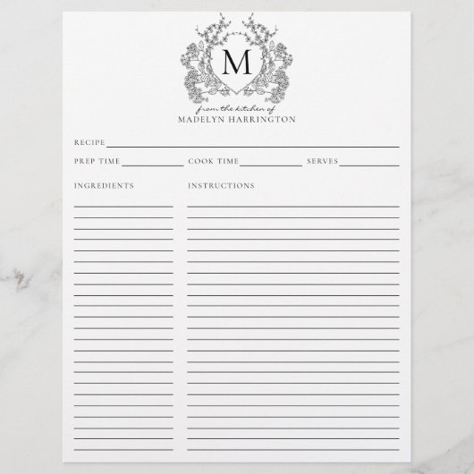 Papier Classique Simple Noir Crest Monogramme Recette (Devant)