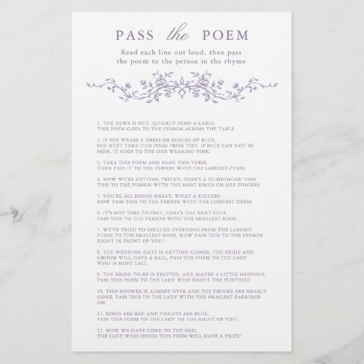 Papier Classy Lavender Floral 'Pass the Poem' Game  (Devant)