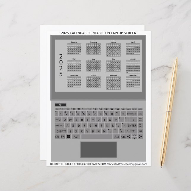 Papier Clavier Ordinateur Portable Argent 2025 Calendrier (Devant/Arrière en situation)