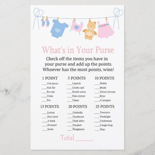 Papier Clothesline What's in your purse game baby shower (Devant)