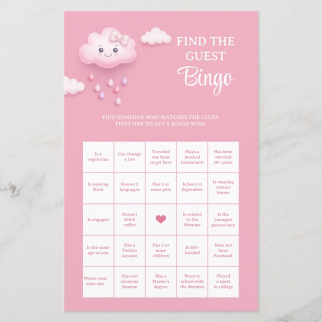 Papier Cloud rose pastel doux Trouvez le jeu de Bingo inv (Devant)