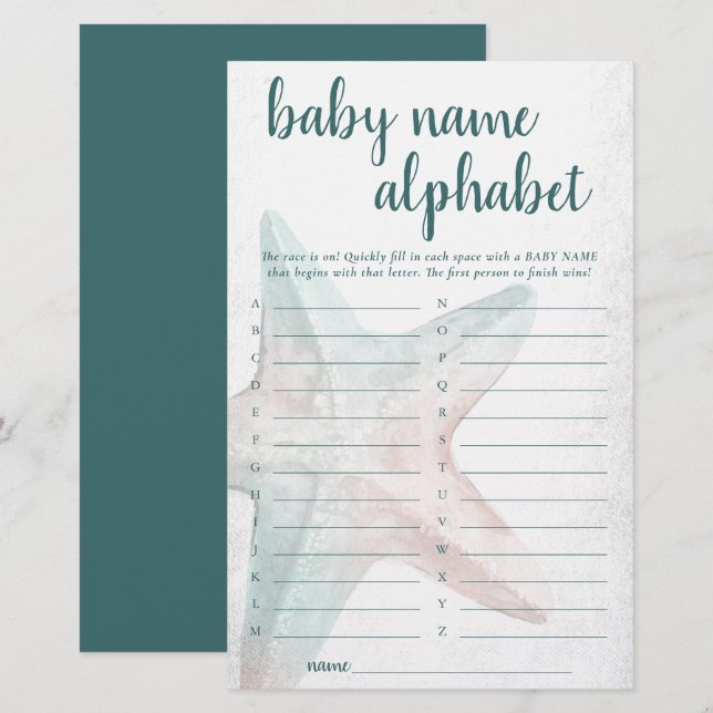 Papier Coastal Chic | Jeu de nom alphabet Turquoise Starf (Devant / Derrière)