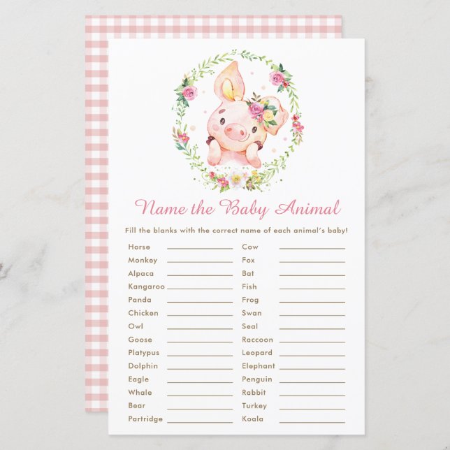 Papier Cochon rose mignon Piglet Nom du jeu animal bébé (Devant / Derrière)