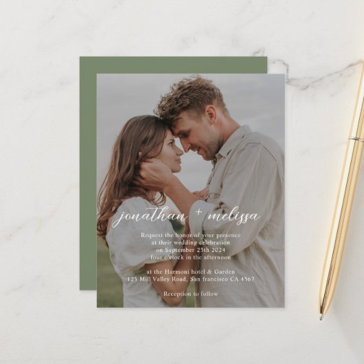 Papier Code QR BUDGET Mariage Élégant Vert Sauge Profond (Devant/Arrière en situation)