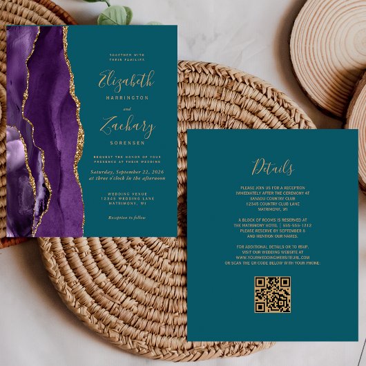 Papier Code QR Budget Mariage Violet Or Agate Sarcelle