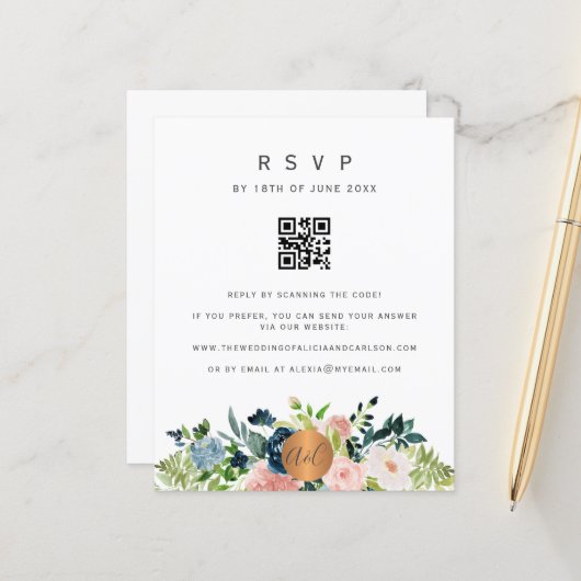 Papier Code QR budgétaire invitation florale élégante RSV (Devant/Arrière en situation)