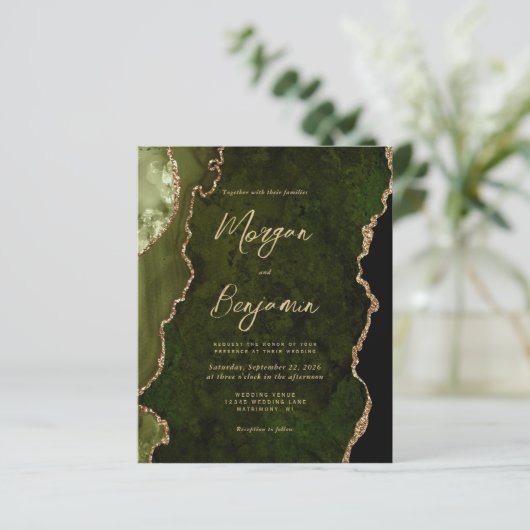 Papier Code QR de mariage à l'écriture olive verte Agate (Debout devant)