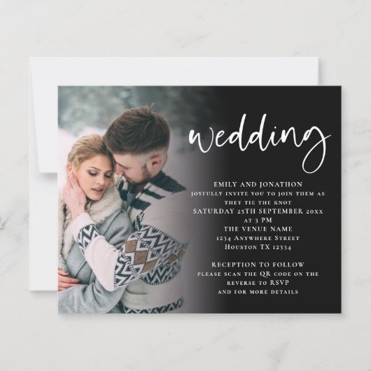 Papier Code QR de script budgétaire Invitation noir blanc (Devant)