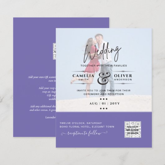 Papier Code QR d'invitation de mariage avec photo violett (Devant / Derrière)