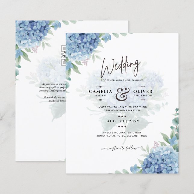 Papier Code QR Faire-part de mariage Blue Hydrangea (Devant / Derrière)