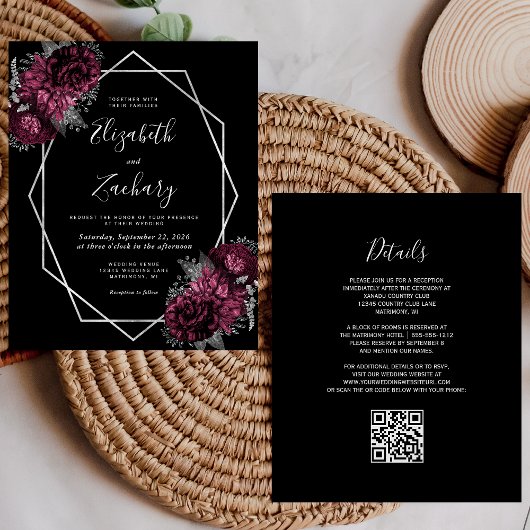 Papier Code QR Floral Bourgogne Noir Budget