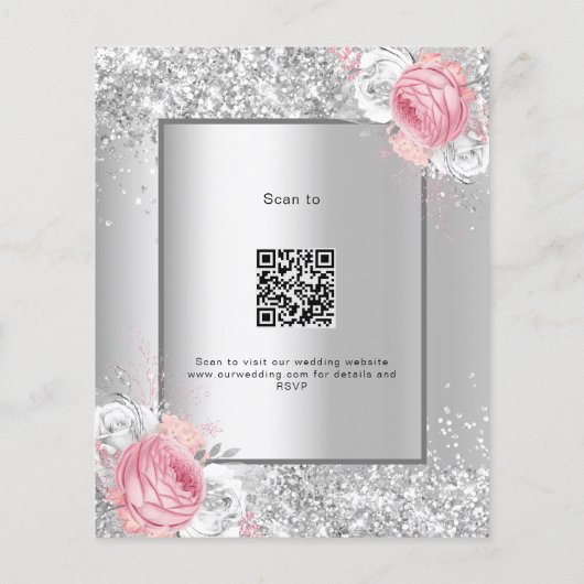 Papier Code QR floral rose argenté RSVP faire-part de mar (Dos)