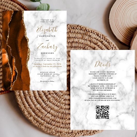 Papier Code QR Mariage Marbre Agate Orange Brûlé Budget