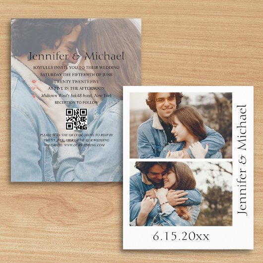 Papier code qr minimum rsvp 3 photos faire-part de mariag