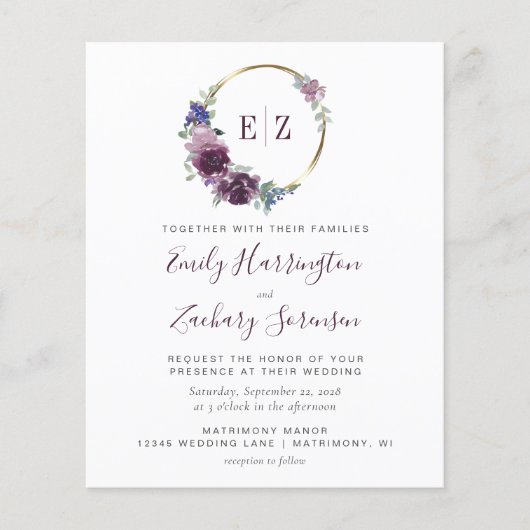 Papier Code QR Monogramme Couronne Violette Budget Mariag (Devant)