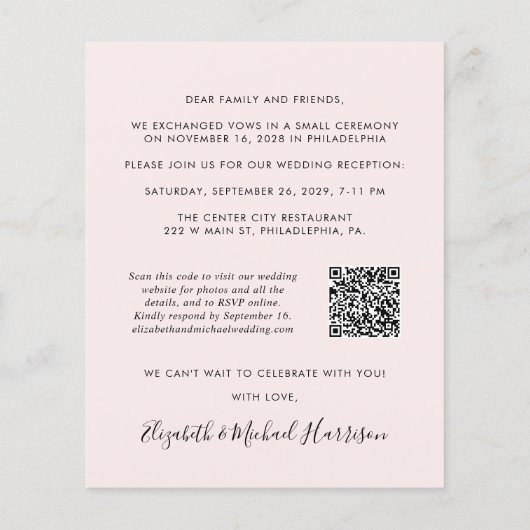 Papier Code QR rose Photo Mariage Réception Invitation (Dos)