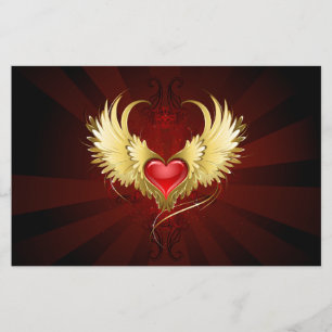 Papier Coeur rouge avec ailes d'or