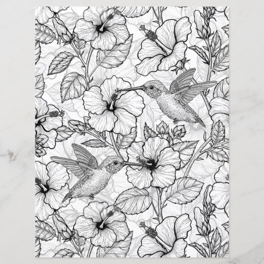 Papier Colibris et fleurs d'hibiscus b&w (Devant)