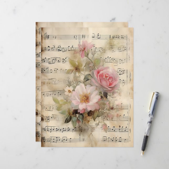 Papier Collage de partition musicale et de roses (Devant/Arrière en situation)