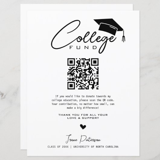 Papier College Fund Qr Code Black White Graduation Modern (Devant / Derrière)