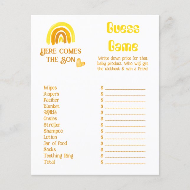 Papier Comprend Son Sunshine Rainbow Baby shower Prix Jeu (Devant)