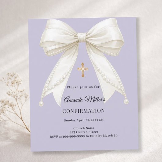 Papier Confirmation bow ivory pearls lavender invitation