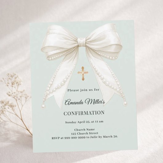 Papier Confirmation bow ivory pearls sage invitation