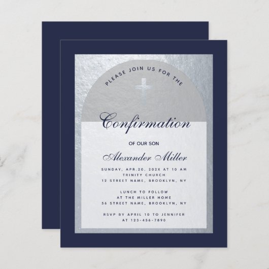 Papier Confirmation Budget Marine Blue Silver Invitation (Devant / Derrière)