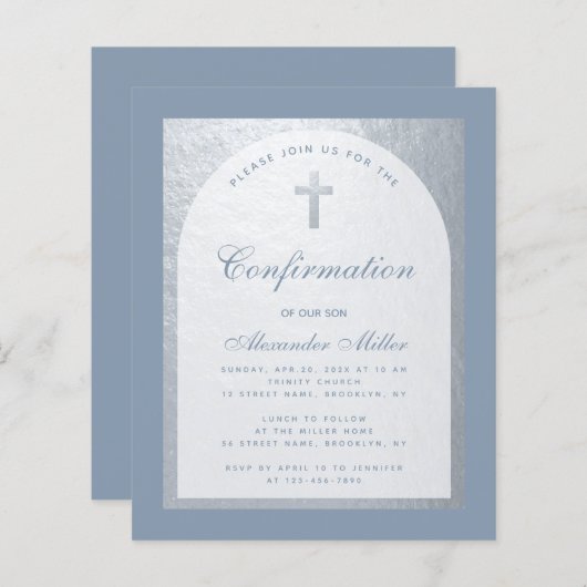 Papier Confirmation du budget Silver Dusty Blue Invitatio (Devant / Derrière)