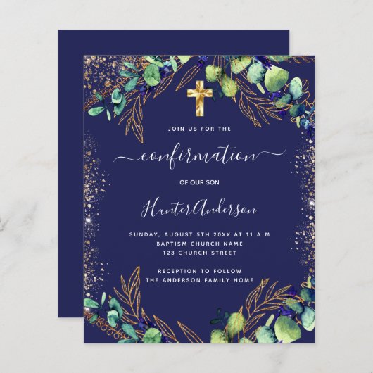 Papier Confirmation eucalyptus vert invitation bleue (Devant / Derrière)