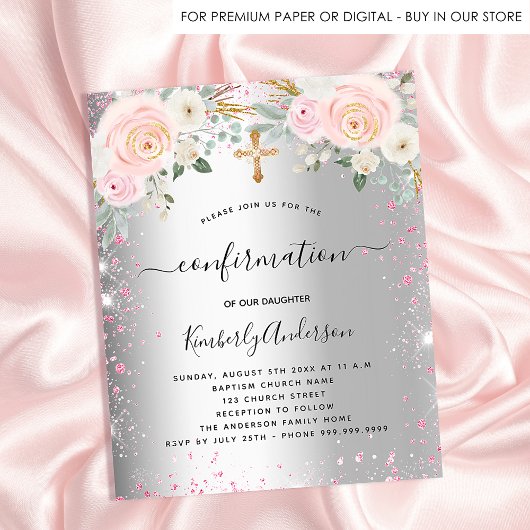 Papier Confirmation fille argent rose floral invitation