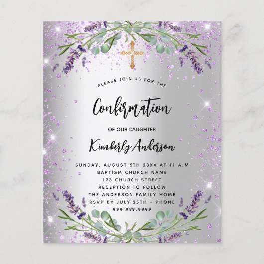 Papier Confirmation lavande argent invitation budget (Devant)
