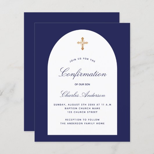 Papier Confirmation Marine bleu blanc arc garçon invitati (Devant / Derrière)