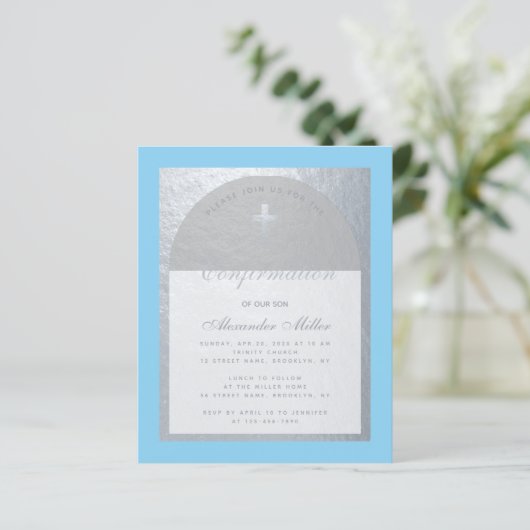 Papier Confirmation Silver Blue Grey Budget Invitation (Debout devant)