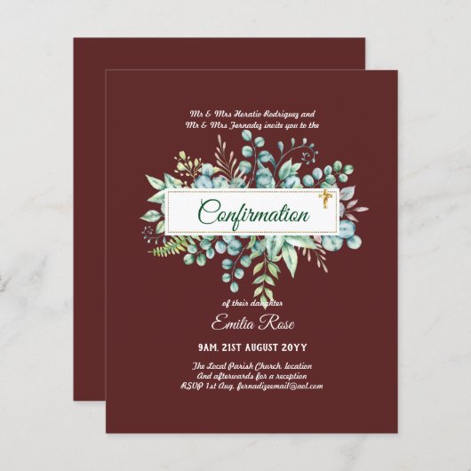 Papier CONFIRMATION VERDOYÈRE Invitation Moderne Double f (Devant / Derrière)