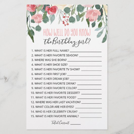 Papier Connais-tu bien le jeu de fille anniversaire ? (Devant)