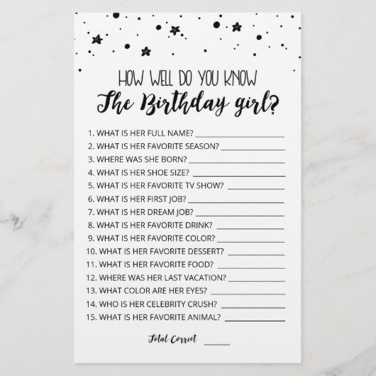 Papier Connais-tu bien le jeu de fille anniversaire ? (Devant)