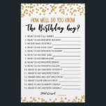 Papier Connais-tu bien le jeu de garçon Anniversaire ?<br><div class="desc">Achetez ce jeu éditable et profitez de la haute qualité Que savez-vous bien la carte garçon Anniversaire pour votre événement! C'est un modèle de jeu,  Vous pouvez changer les questions comme vous le souhaitez! Confetti d'or.</div>