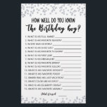 Papier Connais-tu bien le jeu de garçon Anniversaire ?<br><div class="desc">Achetez ce jeu éditable et profitez de la haute qualité Que savez-vous bien la carte garçon Anniversaire pour votre événement! C'est un modèle de jeu,  Vous pouvez changer les questions comme vous le souhaitez! Confetti en argent.</div>