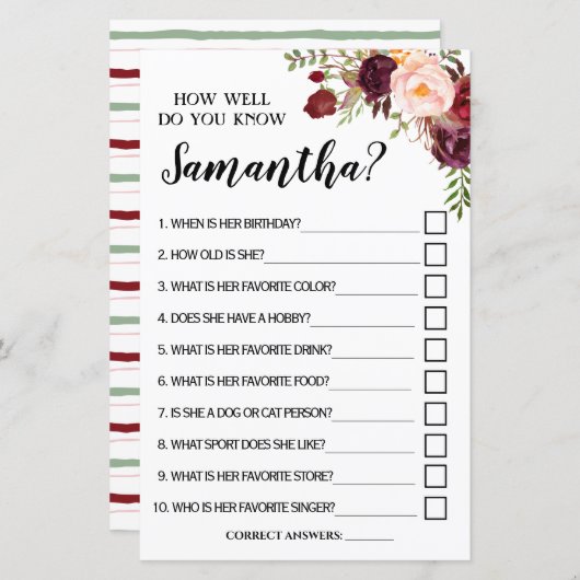 Papier Connaissez-vous bien Bride Marsala Shower Game ? (Devant / Derrière)