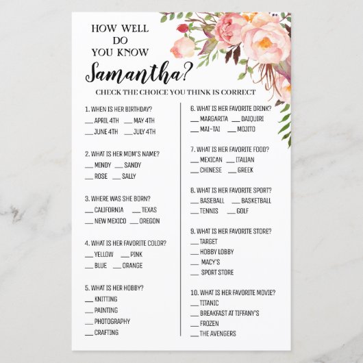 Papier Connaissez-vous bien la mariée avec option douche (Devant)