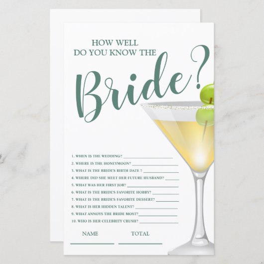 Papier Connaissez-vous bien la mariée Elégant jeu nuptial (Devant / Derrière)