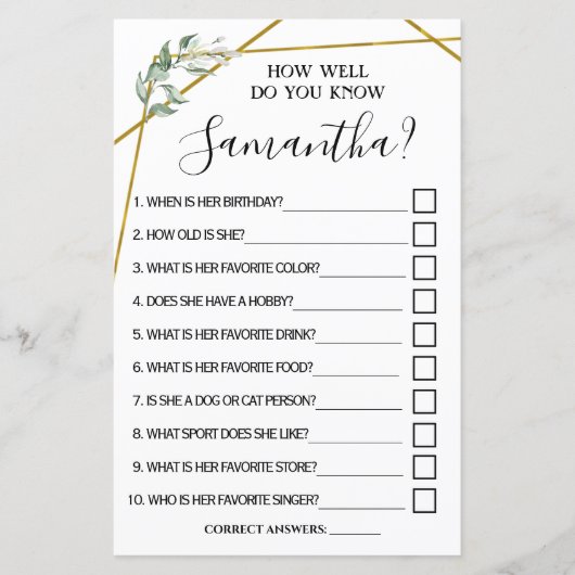 Papier Connaissez-vous bien le jeu de douche nuptiale bil (Devant)