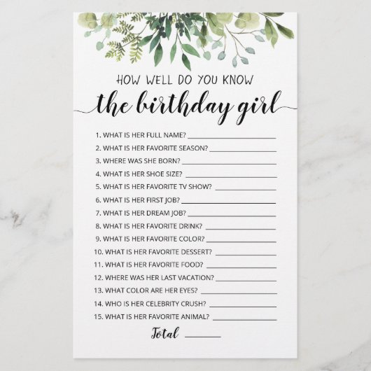 Papier Connaissez-Vous Bien Le Jeu De Fille Anniversaire (Devant)