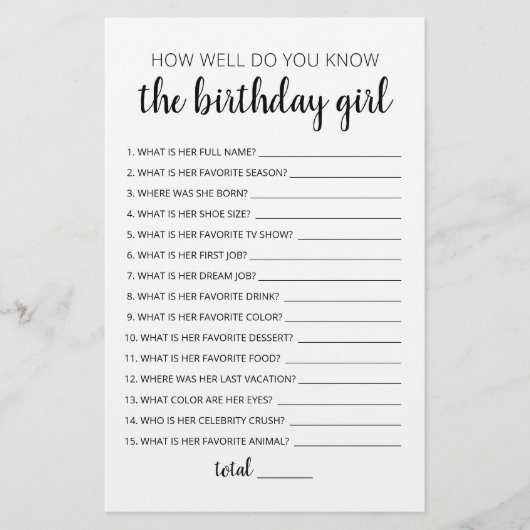 Papier Connaissez-Vous Bien Le Jeu De Fille Anniversaire  (Devant)