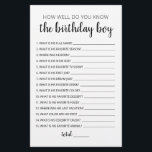 Papier Connaissez-Vous Bien Le Jeu De Garçon Anniversaire<br><div class="desc">Achetez ce jeu monochrome modifiable et profitez de la haute qualité Anniversaire Trivia Comment connaissez-vous bien la carte garçon d'anniversaire pour votre événement! C'est un modèle de jeu,  Vous pouvez changer les questions comme vous le souhaitez! Design noir et blanc.</div>