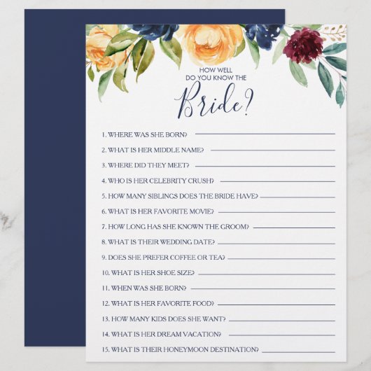 Papier Connaissez-vous bien le jeu de la Fête des mariées (Devant / Derrière)