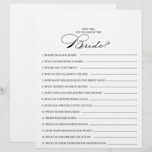 Papier Connaissez-vous bien le jeu de la Fête des mariées (Devant / Derrière)