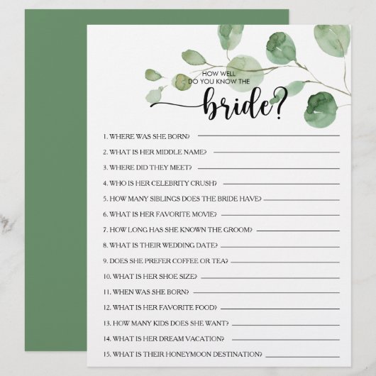 Papier Connaissez-vous bien le jeu de la Fête des mariées (Devant / Derrière)